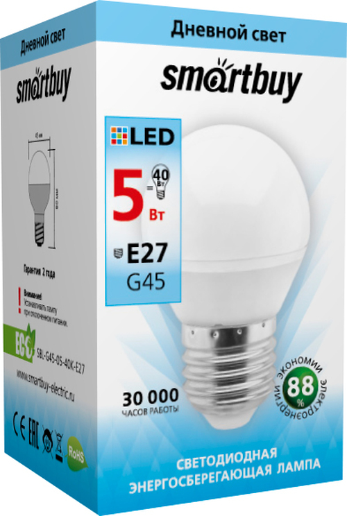 Лампочка светодиодная Smartbuy G45 E27 5W дневной свет