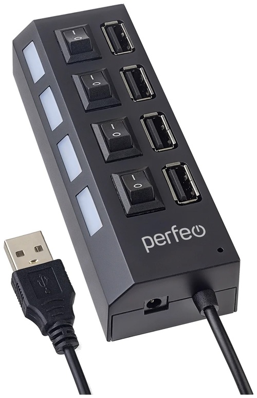 USB разветвитель Perfeo PF-H030 4 порта, USB 2.0, черный выключатель на порт