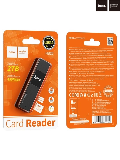 Картридер HOCO HB20 USB 2.0, microSD/SD черный